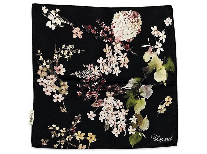 Carré en soie Chopard à imprimé floral noir Rose Blanc Vert