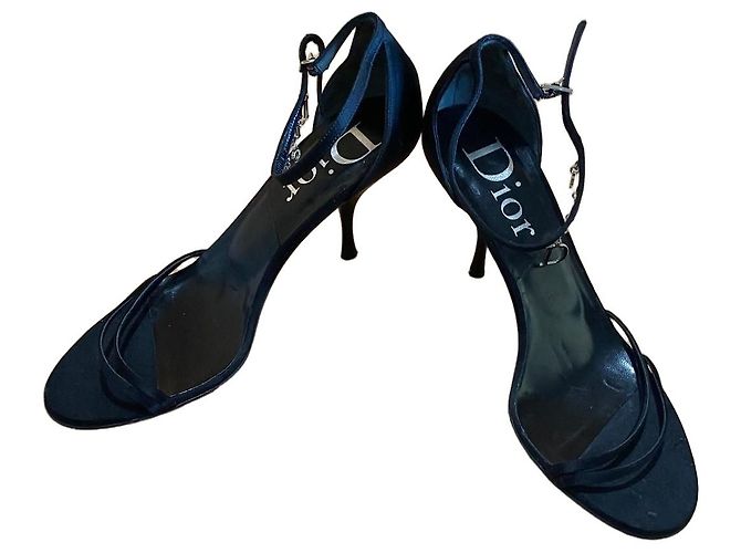 Dior Black Satin D-Charm Ankle Strap Heels