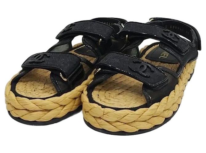 Chanel Sandali in mesh e rafia con Velcro Nero