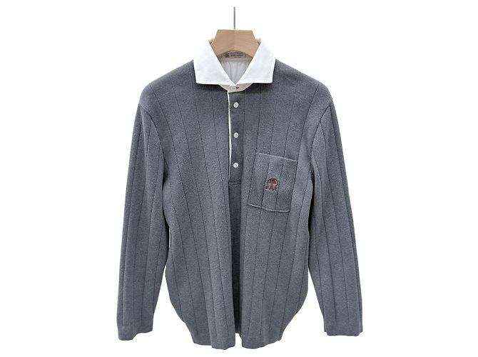 Brunello Cucinelli Cotton Knit Polo T-shirt Gray Brown