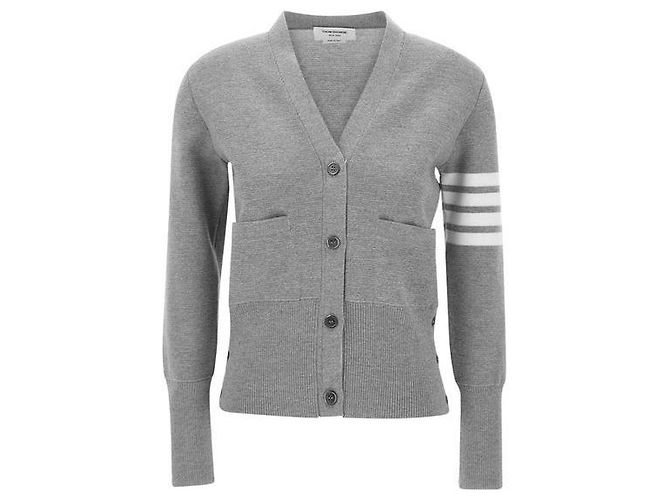 Thom Browne Milan Classic V-Ausschnitt Wollcardigan Hellgrau Braun