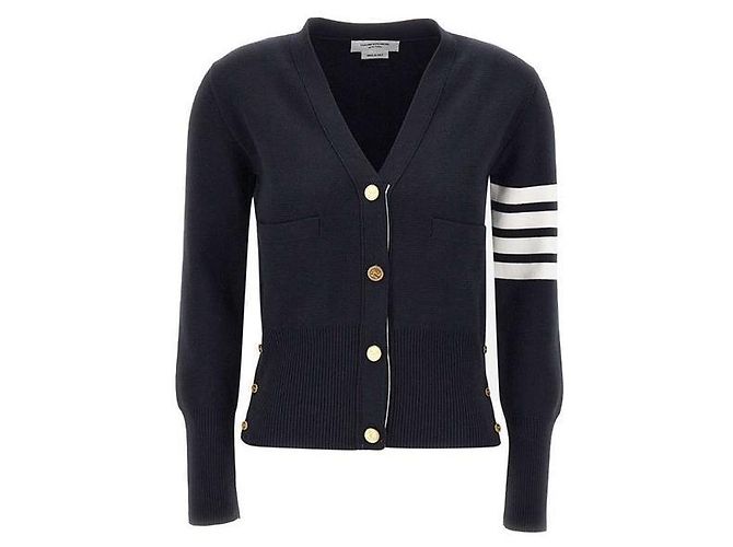 Thom Browne Cardigã clássico de lã com decote em V Navy Azul