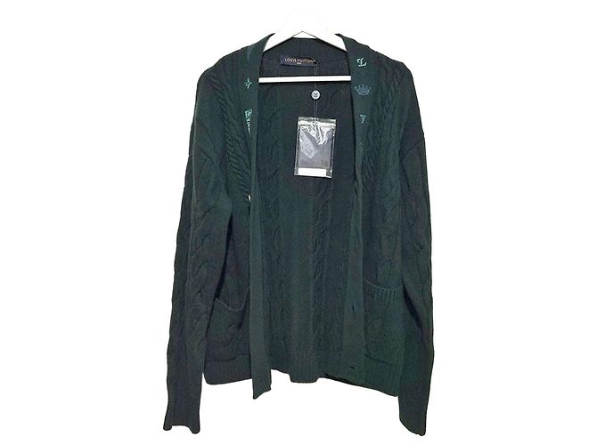 Louis Vuitton Embroidered Cable Knit Wool Cardigan Green