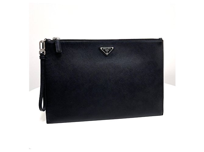 Prada Saffiano Triangle Logo Strap Clutch Bag Black