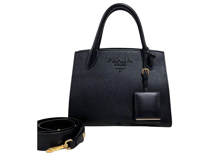 Prada mala de ombro tote Saffiano monocromática preta Preto