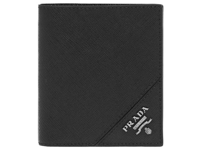 Prada Saffiano Metal Logo Compact Wallet Black QME
