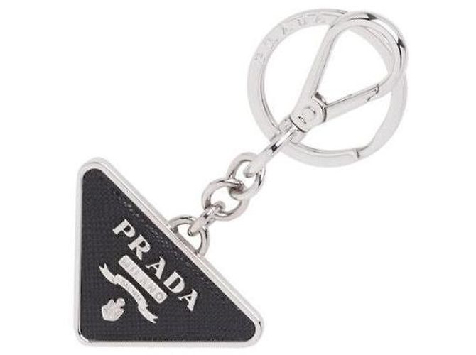 Prada Saffiano Triangle Logo Silver Key Ring Black