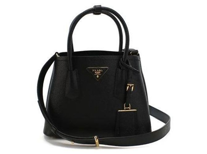 Prada Triangle Logo Saffiano Double Tote Schultertasche Schwarz