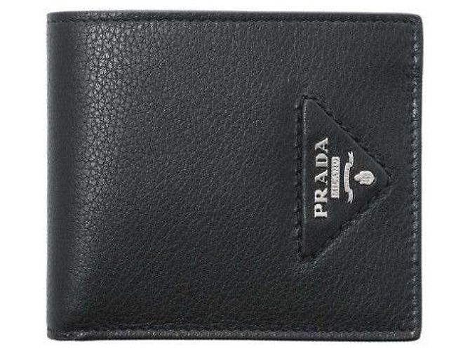 Prada Triangle Silver Logo Compact Wallet Black