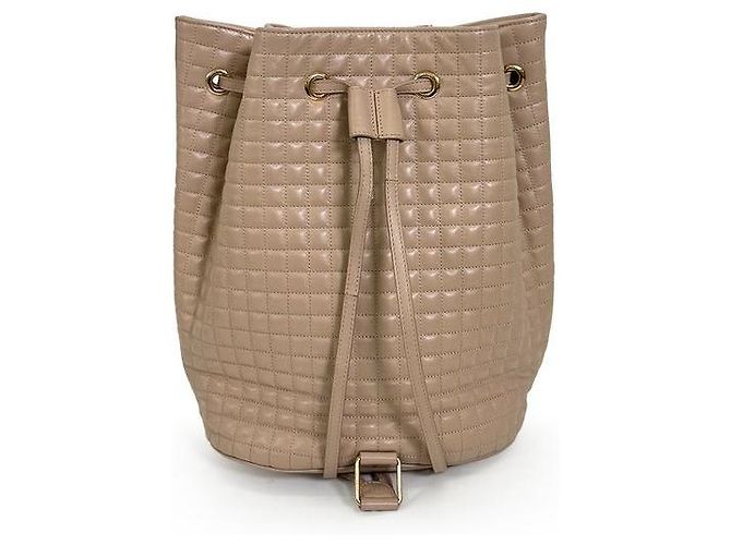 16 Céline Mochila Bucket em couro acolchoado Small Beige Marrom