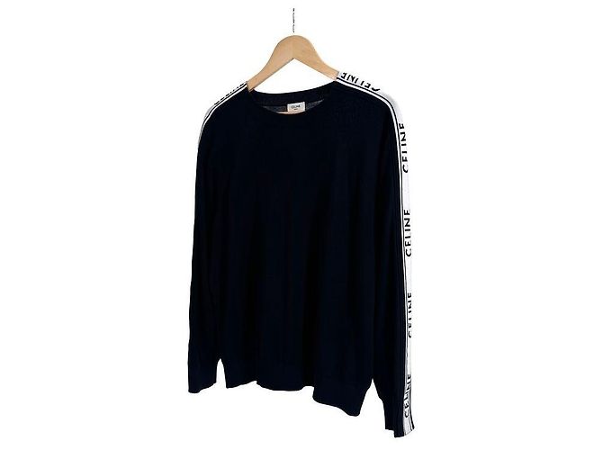 Céline Herren Strickpullover mit Seitenstreifen, Rundhals - Schwarz