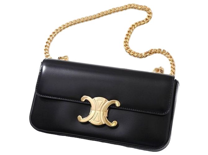 Céline Bolsa de ombro com corrente em couro de bezerro brilhante Preto