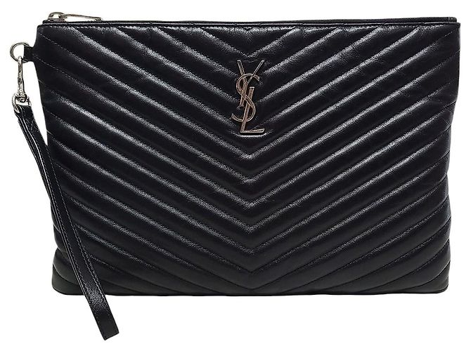 Saint Laurent Matelassé Clutch Monogramm Schwarz-Silber