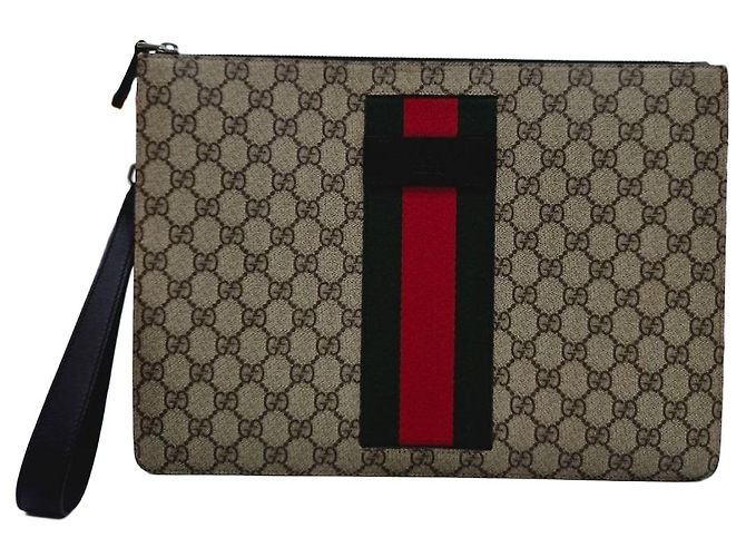 Gucci Supreme Canvas Web Strap Clutch Bag Brown