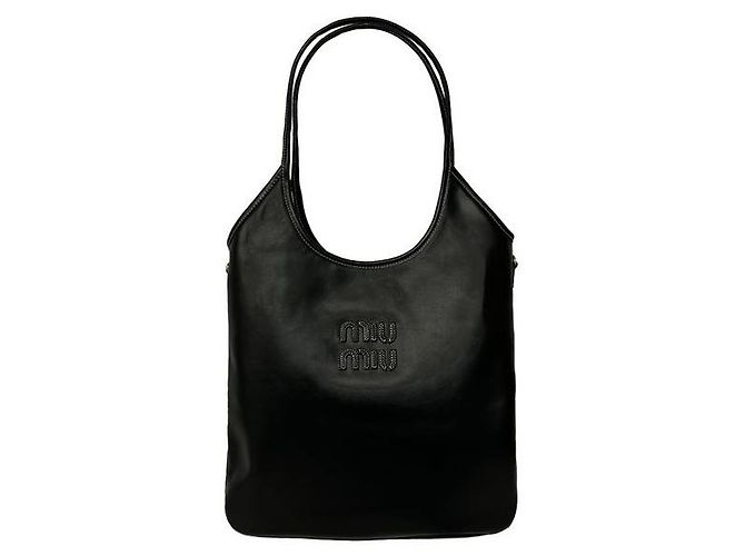 Miu Miu Ivy Regular Tote Shoulder Bag mit besticktem Logo Schwarz