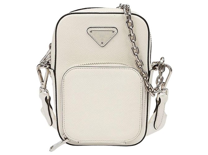 Prada Double Mini Bag aus Saffiano-Leder mit Triangle-Logo Weiß