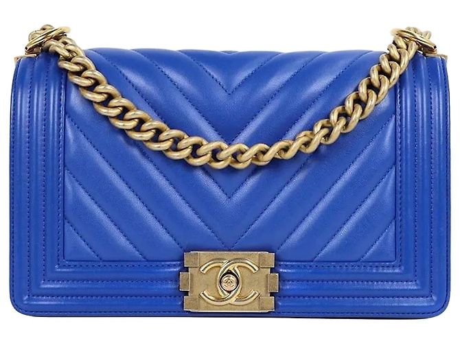 Chanel Sac Boy Chevron Medium Blue Gold Bleu