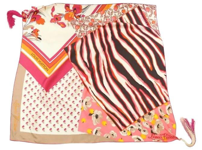 Louis Vuitton Écharpe Châle à Pompons Fleurs Roses