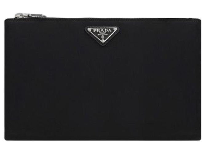 Prada Triangle Logo Nylon Strap Clutch Bag Black