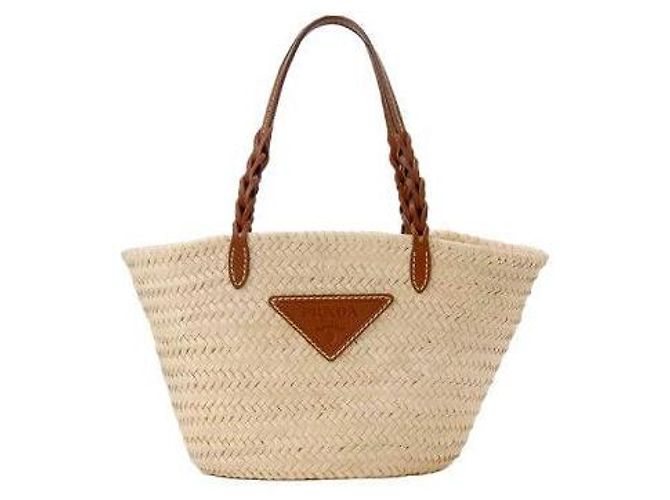 Tote Prada Sac cabas en cuir de palmier avec logo triangle Natural Cognac Marron