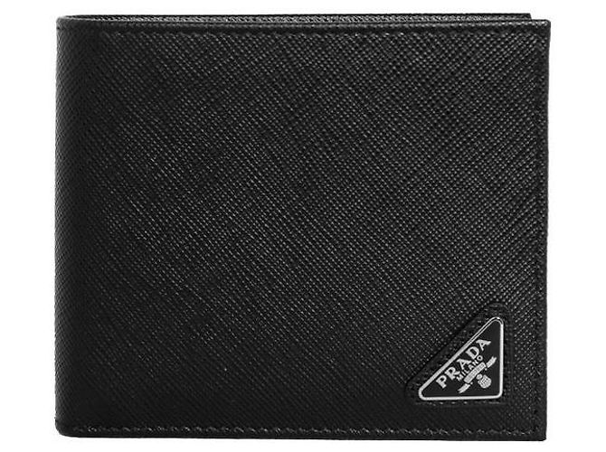 Prada Saffiano Triangle Logo Compact Wallet Black QHH