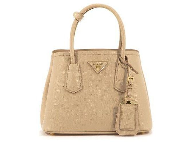 Prada Triangle Logo Saffiano Doublé Tote Shoulder Bag Beige Brown