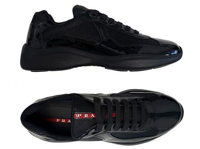 Prada Baskets en cuir émaillé America Cup Black ASZ Noir