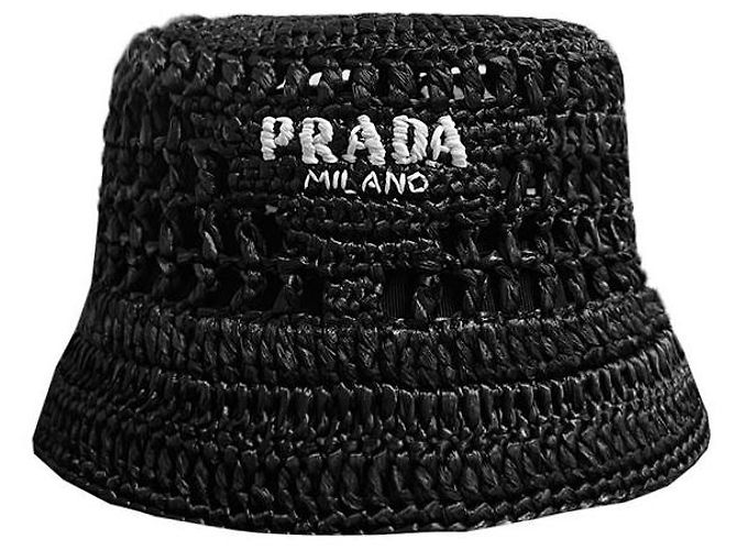 Prada Rafia-Bucket-Hat mit besticktem Logo Schwarz