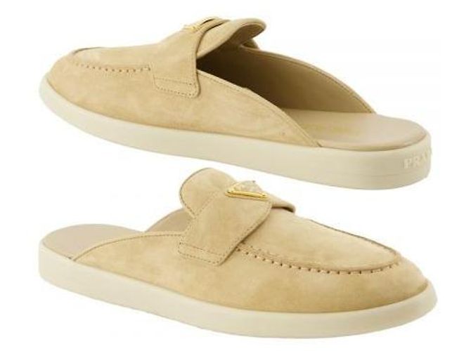 Prada Triangle Logo Suede Mule Beige Brown