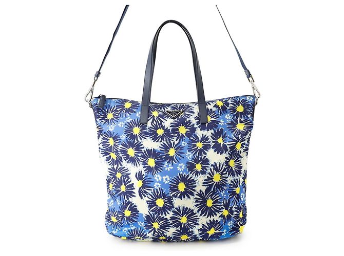 Prada Tote Bag mit Blumenprint Blau Gelb