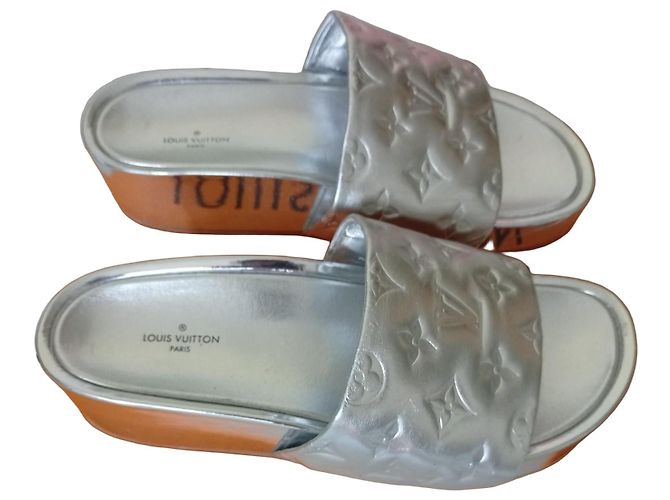 Louis Vuitton Silver Monogram Platform Sandals Silvery