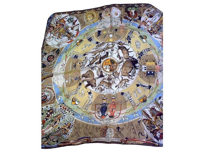 Lenço de seda Hermès "Mythologies des Hommes" Marrom Branco Vermelho Bege Dourado Verde Cinza Gold hardware