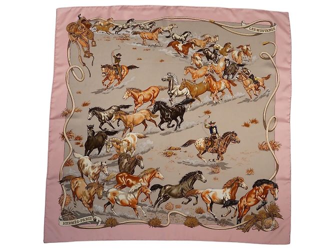 Hermès Lenço de seda "Les Mustangs" Marrom Rosa Branco Bege