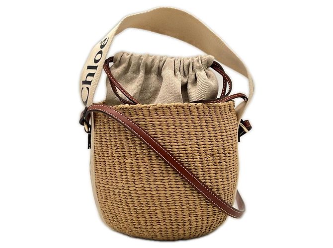 Borsa a tracolla Chloé Woody Small Basket in rafia e lino Marrone Beige