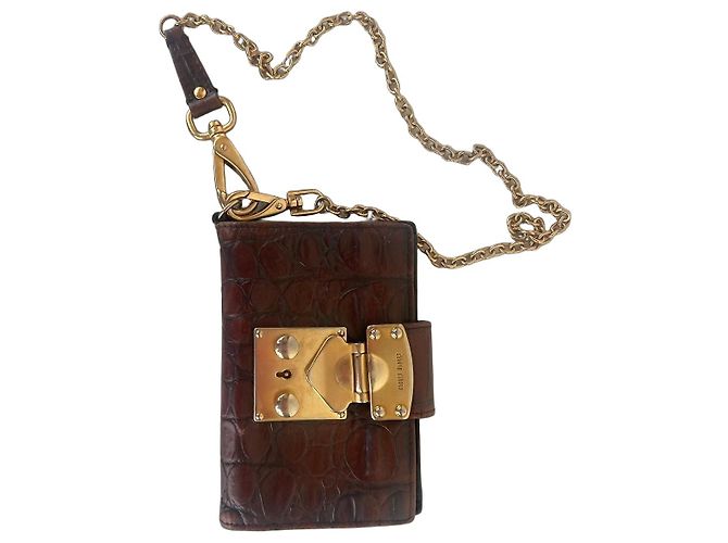 Miu Miu Cartera de Cuero Efecto Cocodrilo Marrón con Cadena Castaño