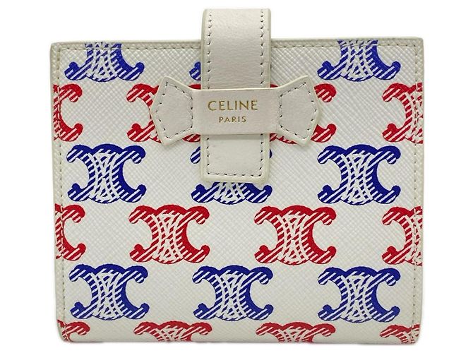 Céline Celine Triomphe Canvas Medium Strap Wallet White Red Blue