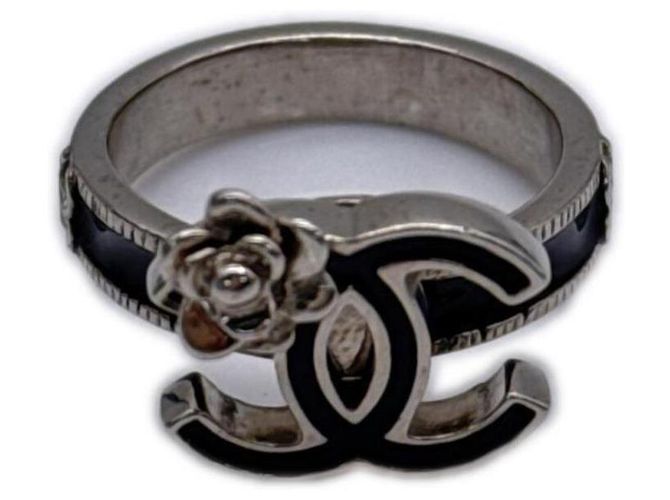 CHANEL Camélia Coco Mark Ring Schwarz Silber