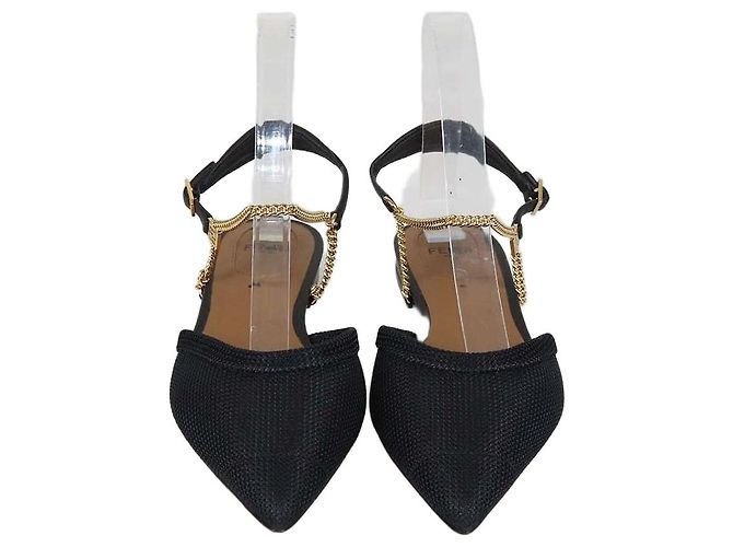 Fendi Black Mesh Slingback Flat Sandals