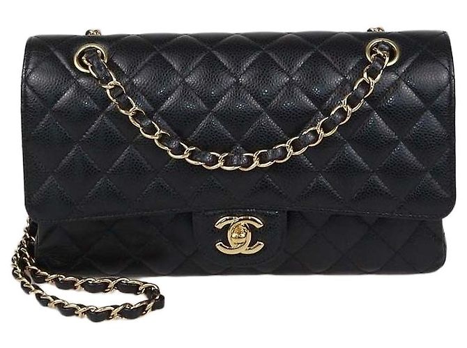 Borsa Chanel Medium Classic Double Flap in pelle caviar matelassé nera Nero