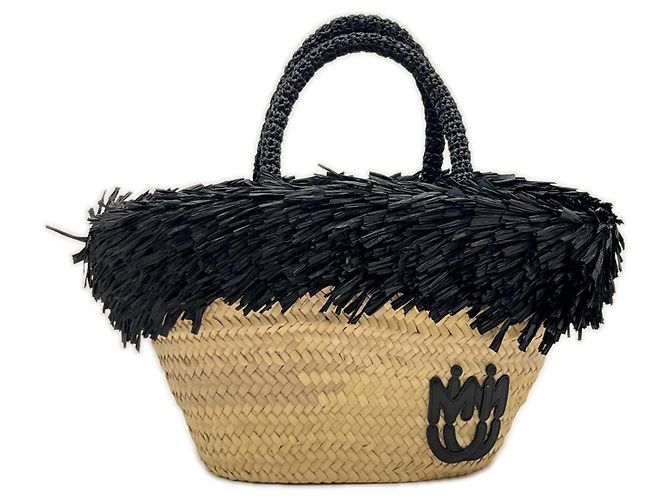 Miu Miu Stroh-Handtasche mit Logo Schwarz