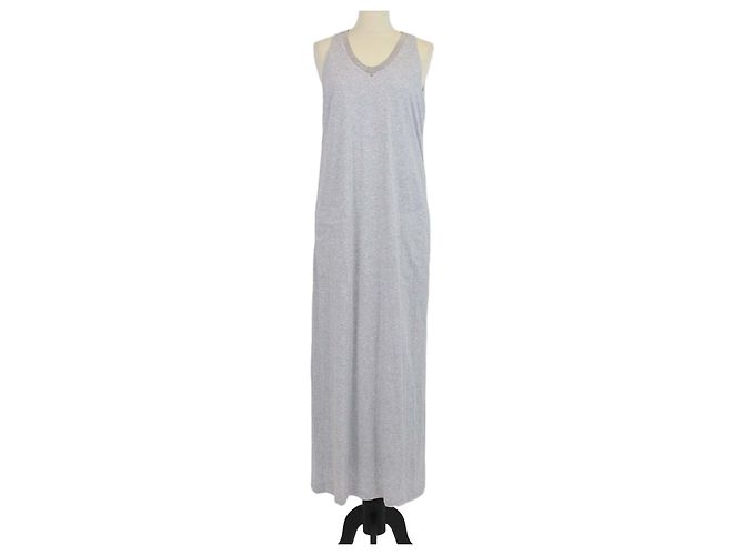 Vestido longo sem mangas em algodão cinza com laço Brunello Cucinelli