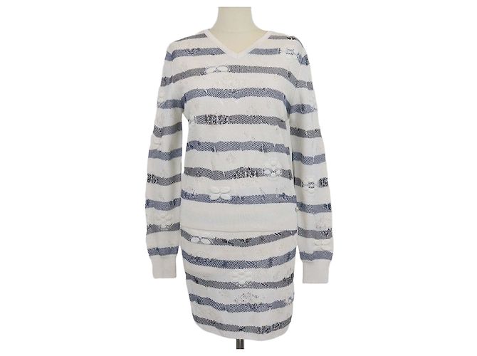 Ensemble pull et mini-jupe en viscose mélangée rayée effet crochet Chanel White/Blue Blanc Bleu