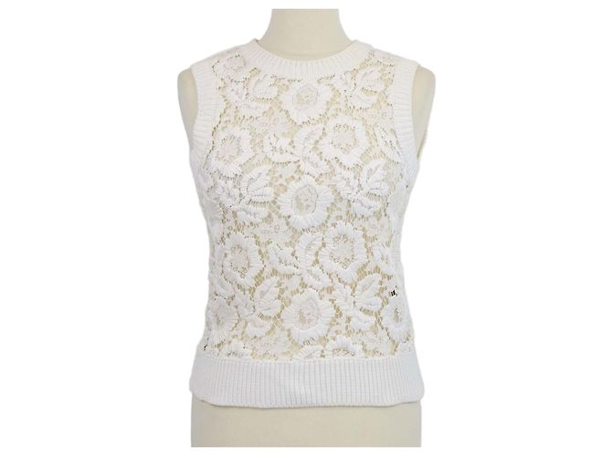 Top sin mangas de punto de algodón con encaje floral Valentino Off White Blanco