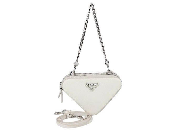 Prada Mini Double Triangle Crossbody Bag aus weißem Saffiano-Leder