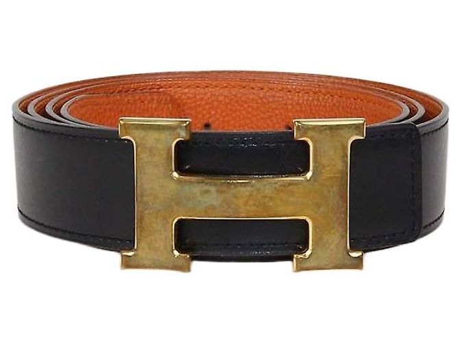 Hermès Cinto reversível Hermes Black/Orange em couro Box Calf e Togo com fivela H Preto Laranja