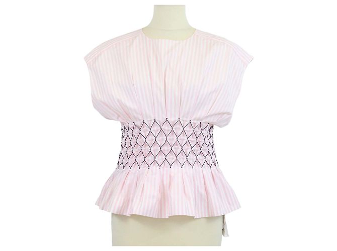 Tops sem mangas Chanel em algodão riscado rosa/branco com cintura smock