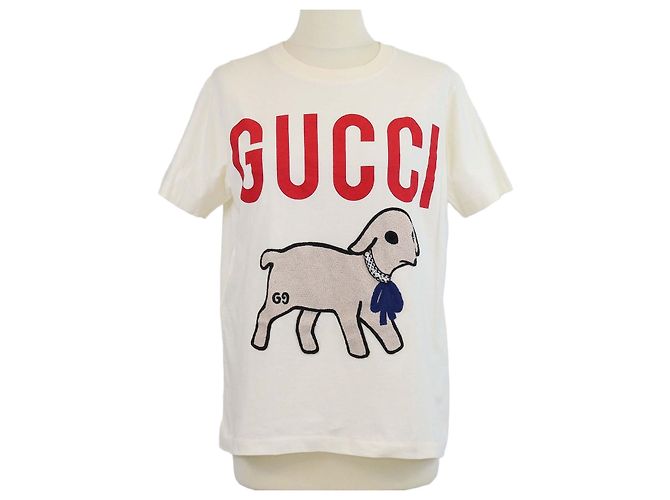 T-shirt Gucci crema in cotone con patch cane e cristalli Crudo