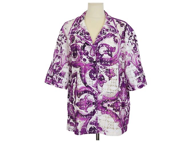 Camicia Dolce & Gabbana in cotone con pizzo crochet e stampa Majolica viola/bianco Porpora