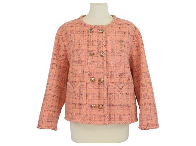 Chanel Peach Tweed CC Button Detailed Jacket