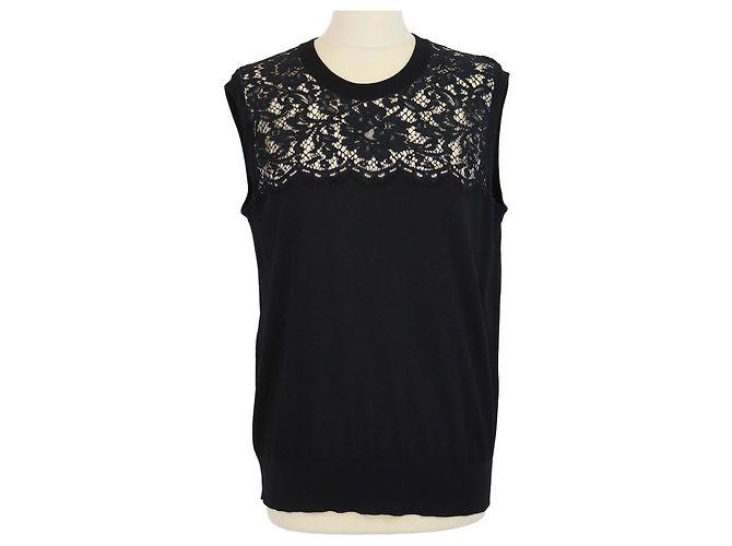 Dolce & Gabbana Black Blend Wool Lace Panel Sleeveless Top